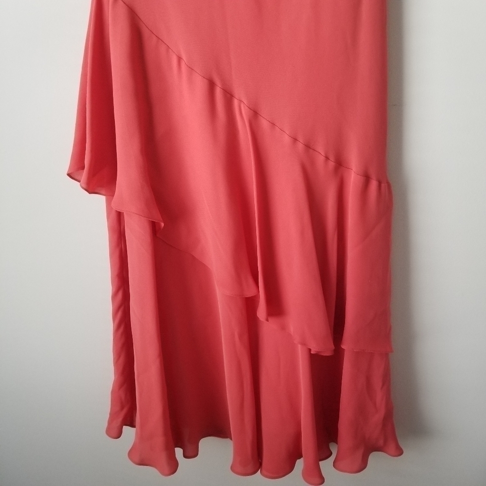 Talbots Pure Silk Coral Maxi Dress Asymmetrical Ruffle Hem Size 8 - Picture 8 of 13